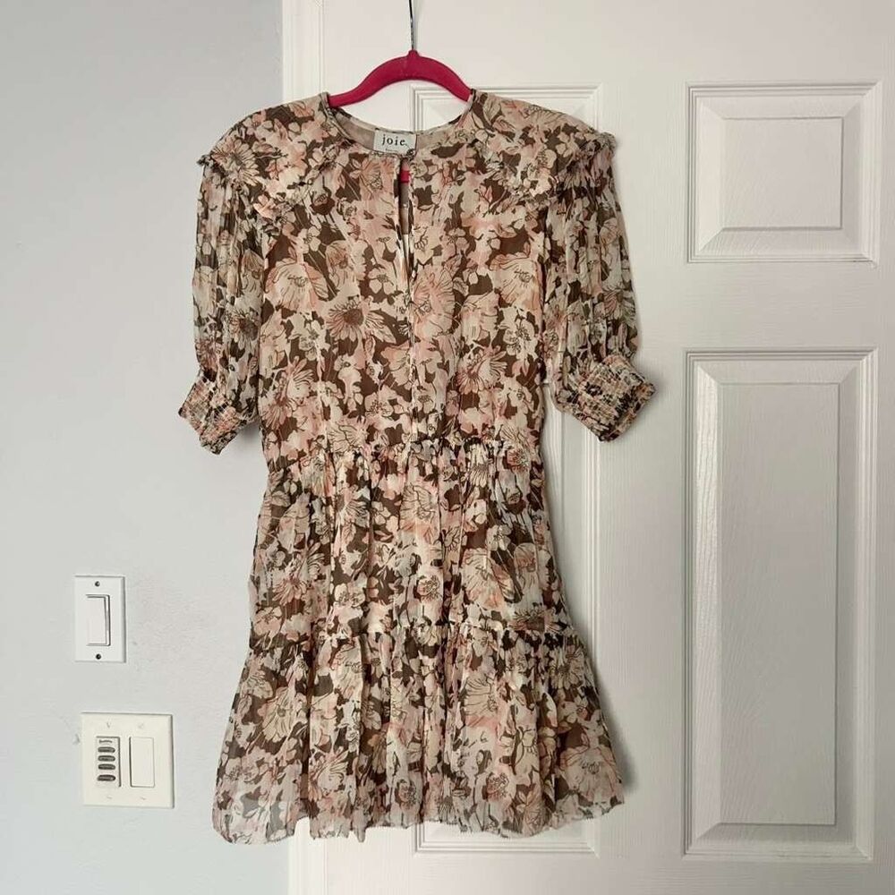 $398 Joie Laura Dress English Manor Silk Mini Frilly Babydoll Puff Sleeve S